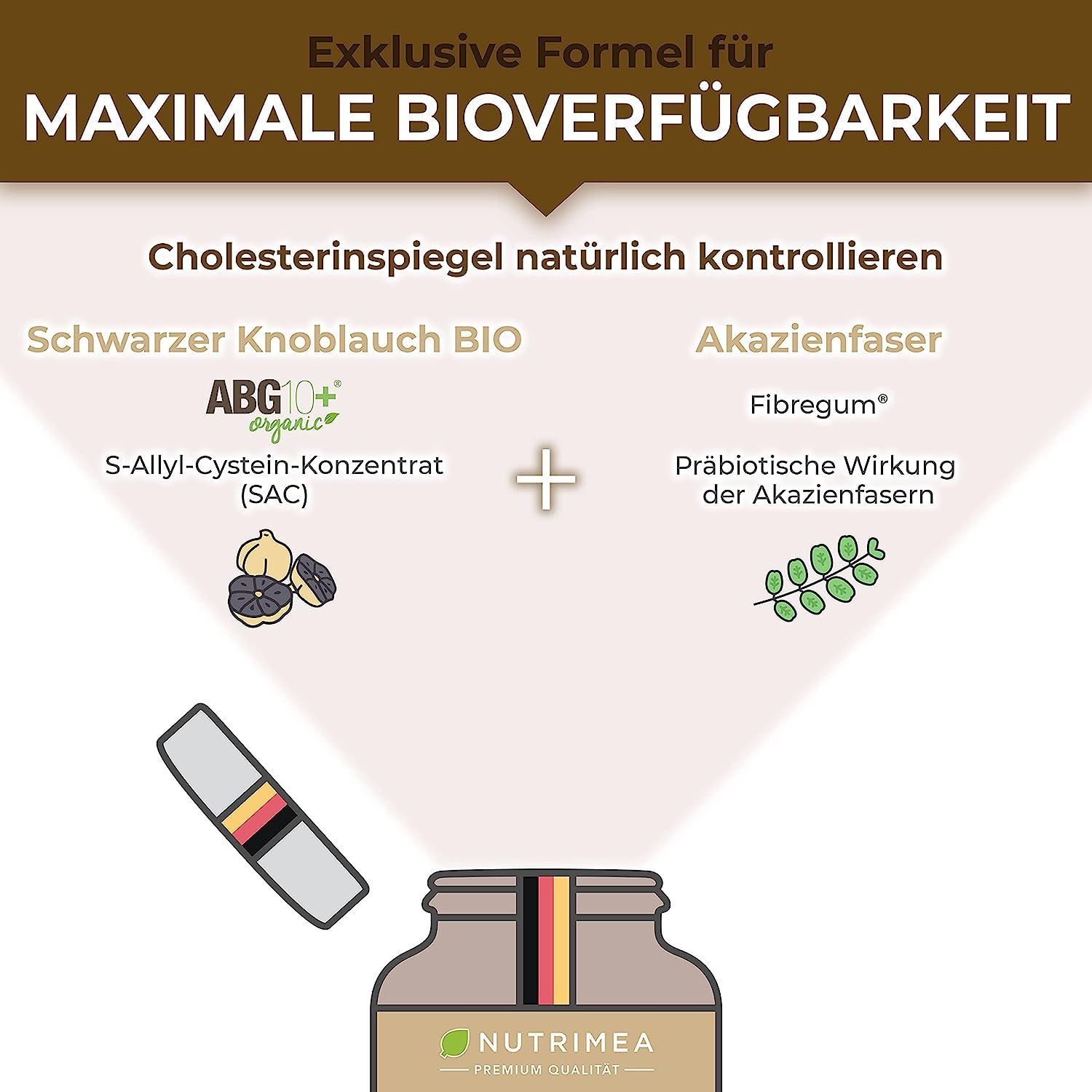 Grafiek met ingrediënten: Zwarte Knoflook BIO, acaciavezel. Afbeelding van een capsule en een fles.