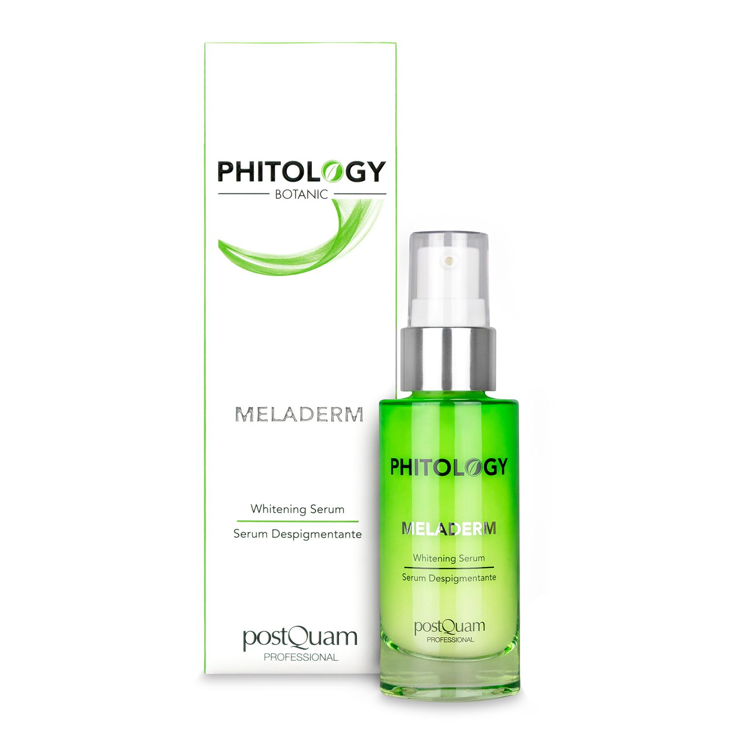 Serumfles en verpakking. Opschrift: PHITOLOGY, MELADERM, Whitening Serum, Serum Despigmentante. Merk: PostQuam.