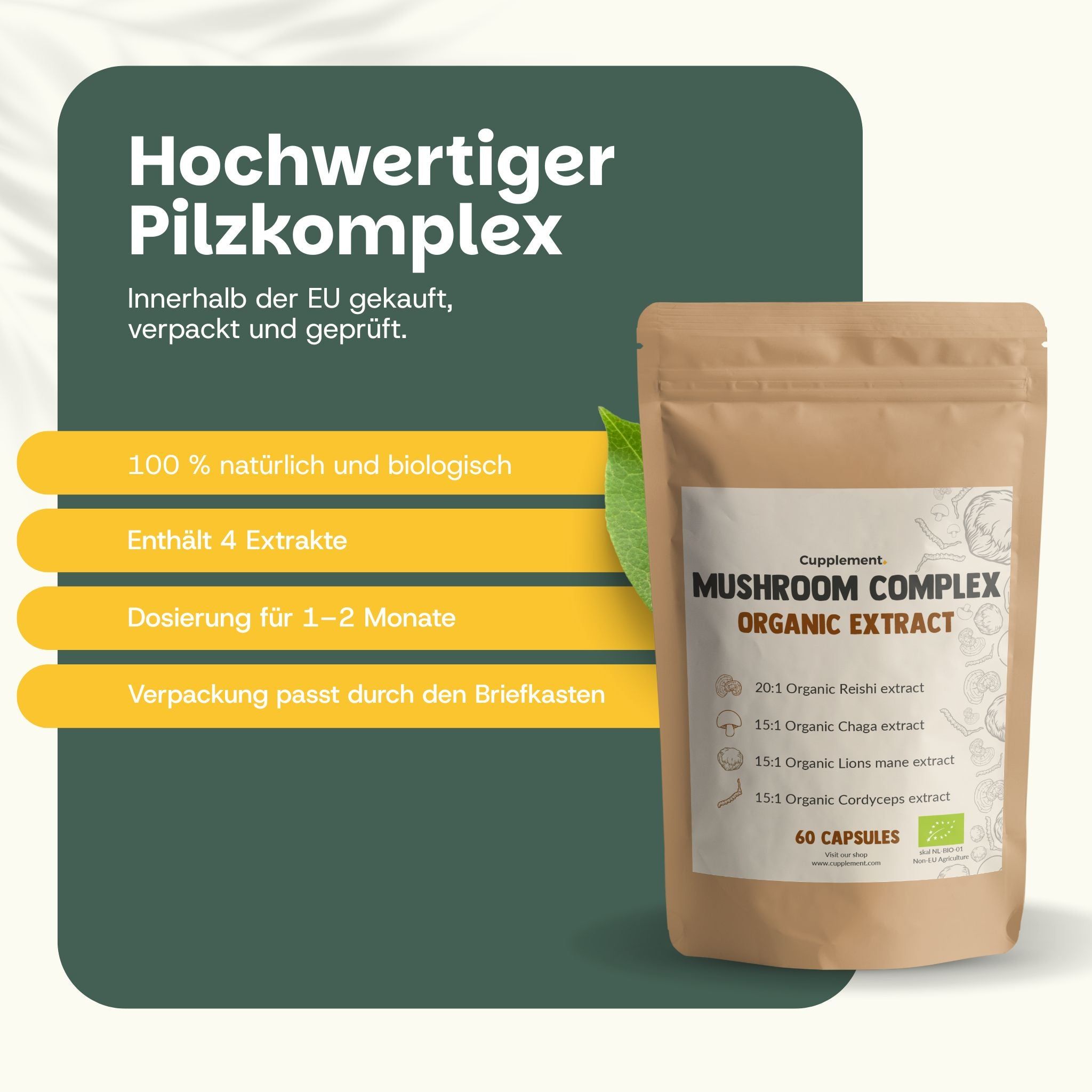 Complexe de champignons de haute qualité dans une pochette kraft. 100% naturel, biologique, contient 4 extraits, dosage pour 1-2 mois.