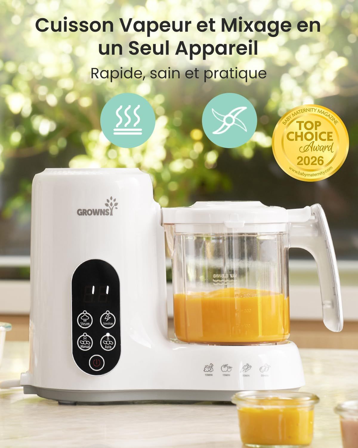 Robot bébé blanc avec fonction vapeur et mixage, écran numérique et boutons de commande.