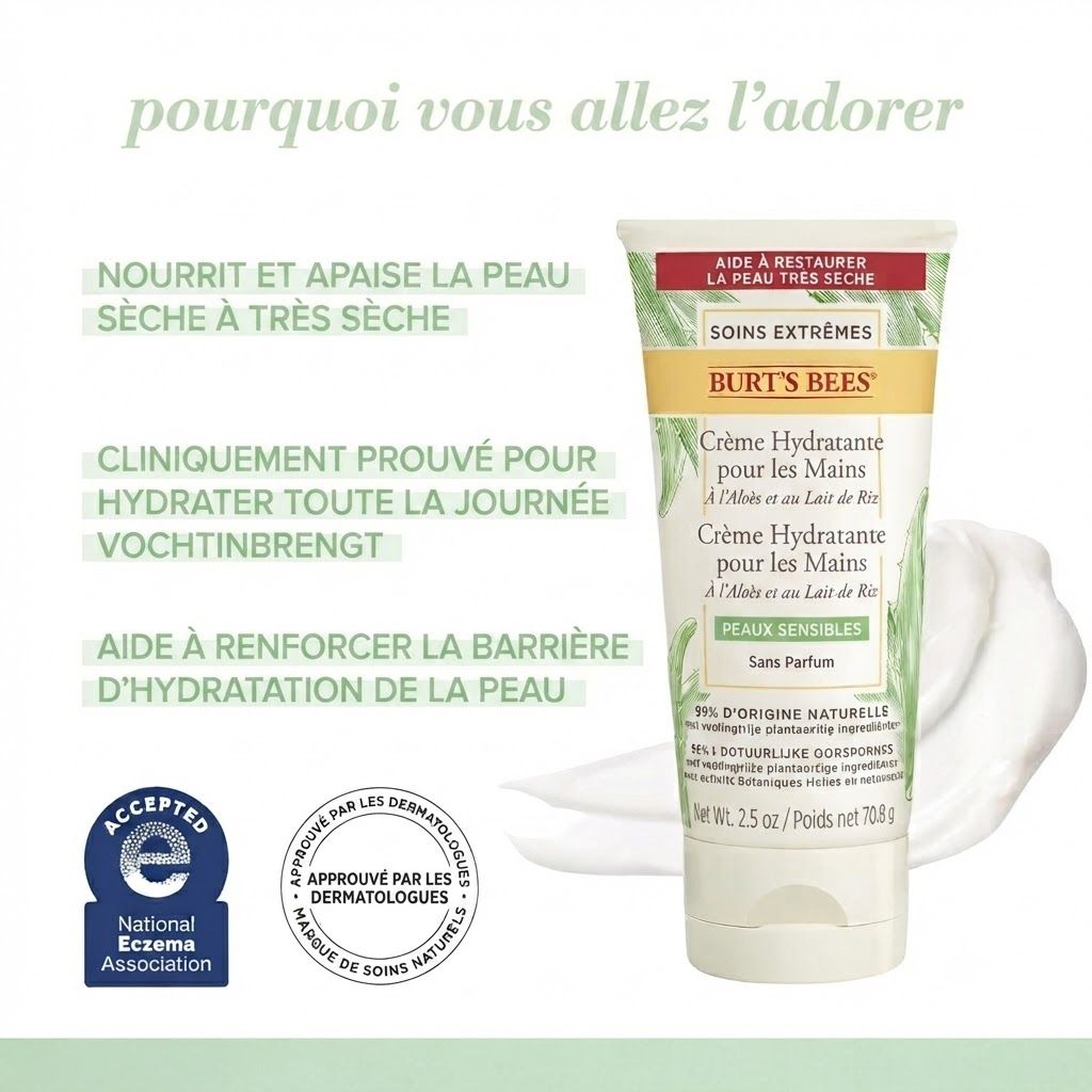 Tube de crème pour les mains Burt's Bees à l'aloe vera et au lait de riz.
