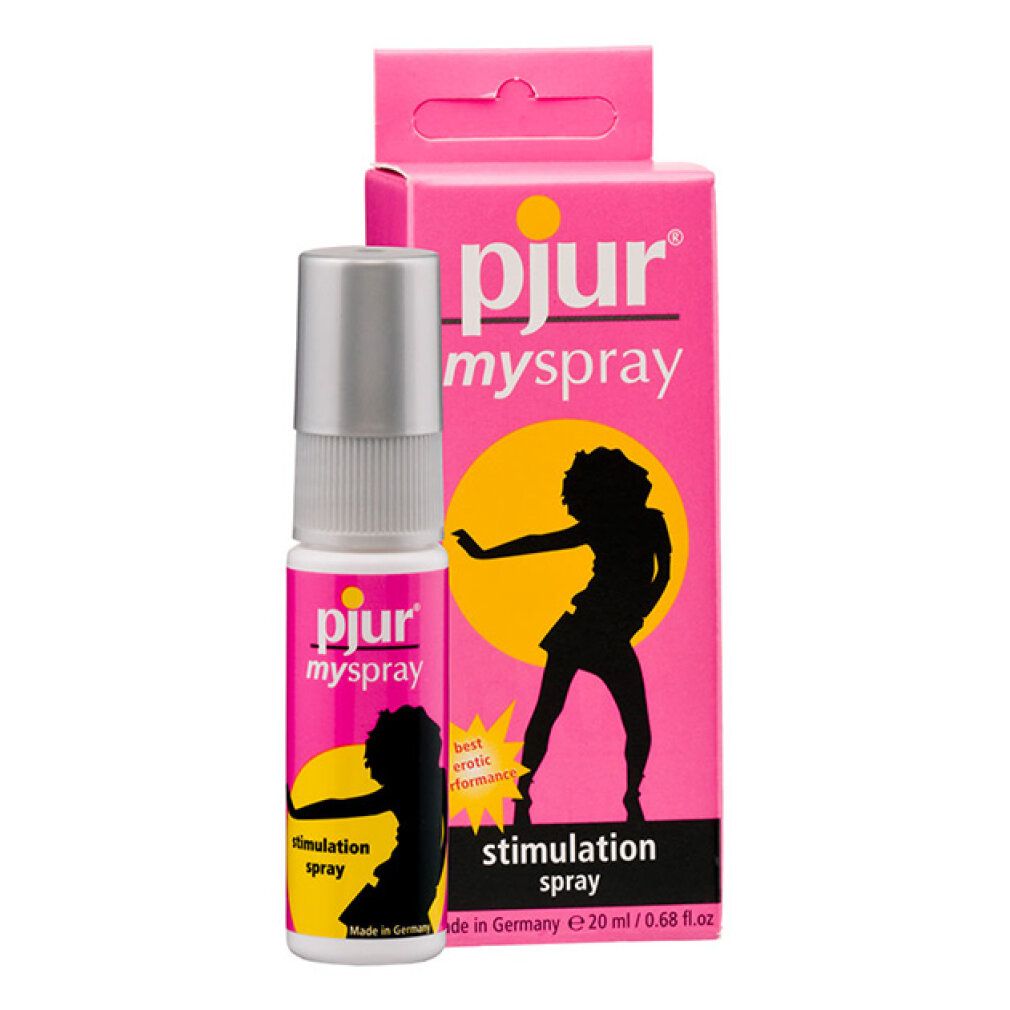 Roze doos en fles. Logo pjur, tekst myspray, illustratie vrouw. Tekst: Stimulation Spray. Fles met zilveren verstuiver.