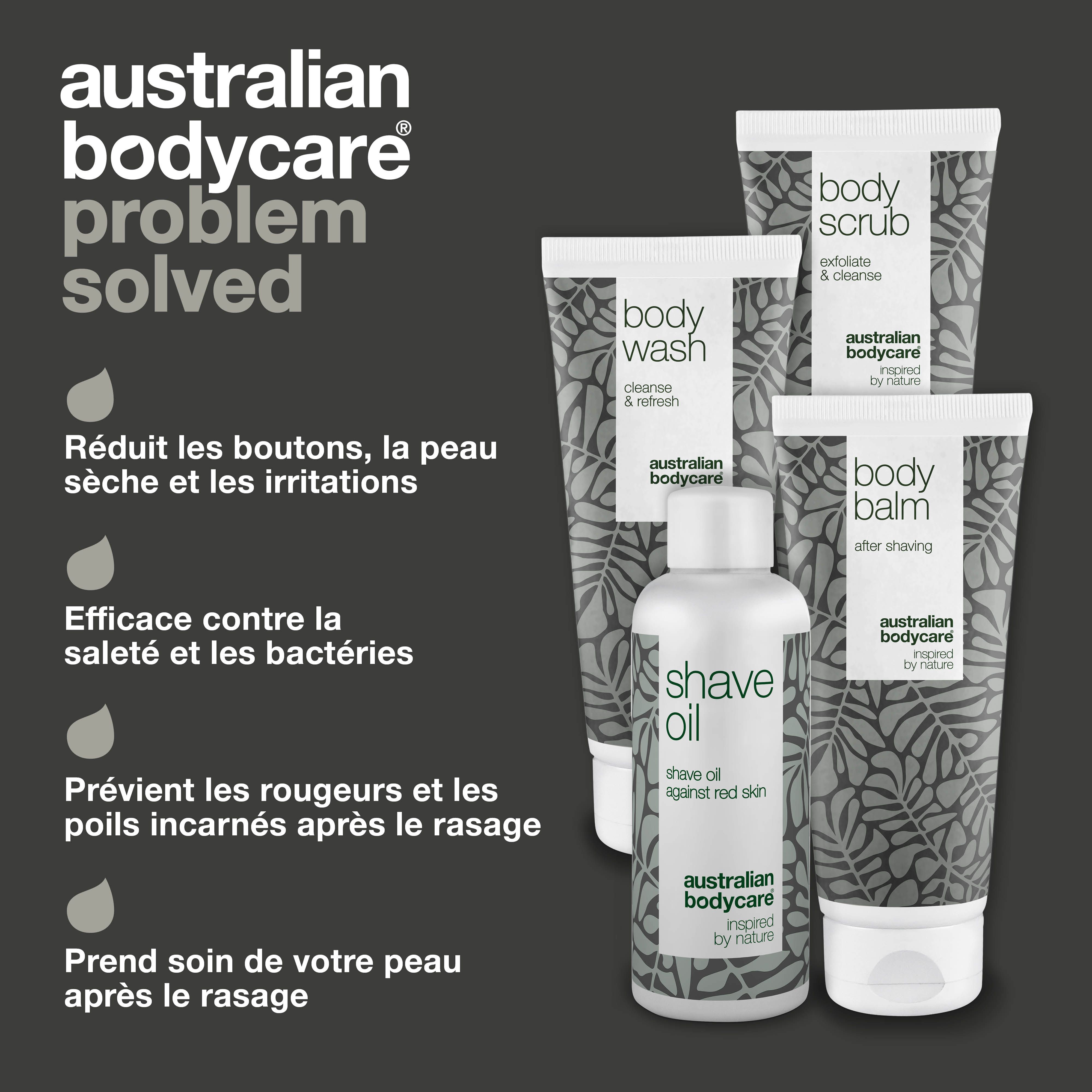 Ensemble de produits : Body Wash, Body Scrub, Body Balm et Shave Oil. Texte : Réduit les irritations et prend soin de la peau après le rasage.