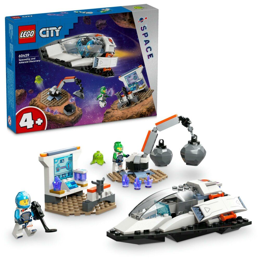 LEGO City set. Ruimteschip, robots, figuren en accessoires. Verpakking met ruimteschip illustratie. Aanbevolen leeftijd 4+.