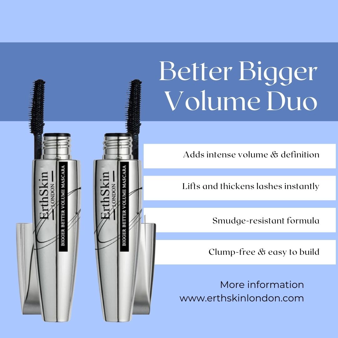 Twee ErthSkin London mascara tubes met borstels. Zilverkleurige tubes met zwarte tekst. Tekst: Bigger Better Volume Duo.