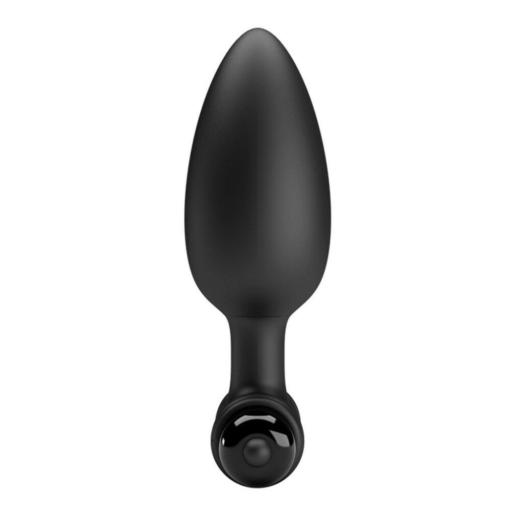 Zwarte vibrerende anale plug met brede basis en bedieningselementen. Glad oppervlak, ergonomische vorm.
