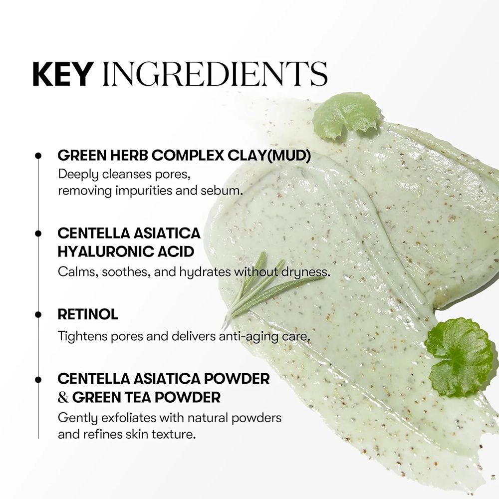 Texte avec ingrédients clés: Green Herb Complex Clay, Centella Asiatica, Acide Hyaluronique, Rétinol, Centella Asiatica & Poudre de thé vert.