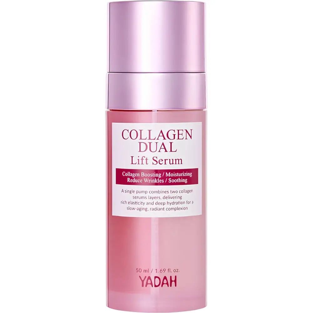 YADAH Collagen Dual Lift Serum fles met roze en zilveren accenten.