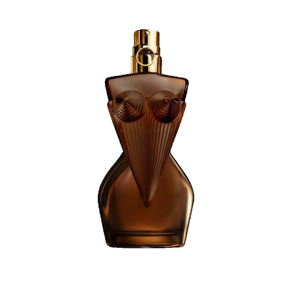 Flacon de parfum en forme de corps féminin, teinté de brun, avec bouchon doré. Sans emballage.