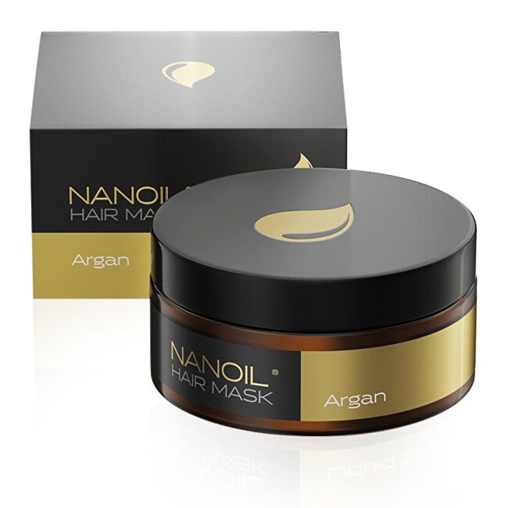 Nanolash Haarmasker Argan met omdoos. Bruine pot met zwart deksel en gouden band.