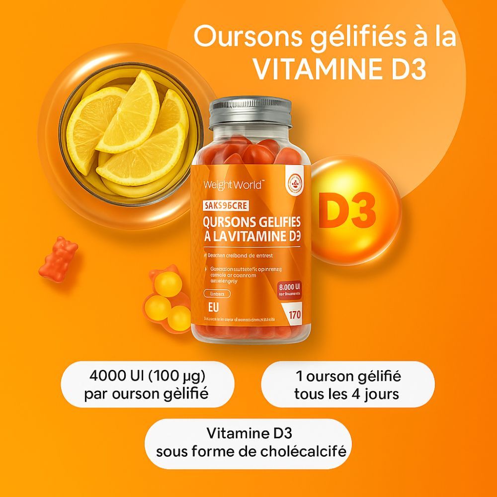 Visuel publicitaire avec des gommes à la vitamine D3. Flacon, citrons et gommes. Texte: Vitamin D3, 4000 UI, 170 gommes.