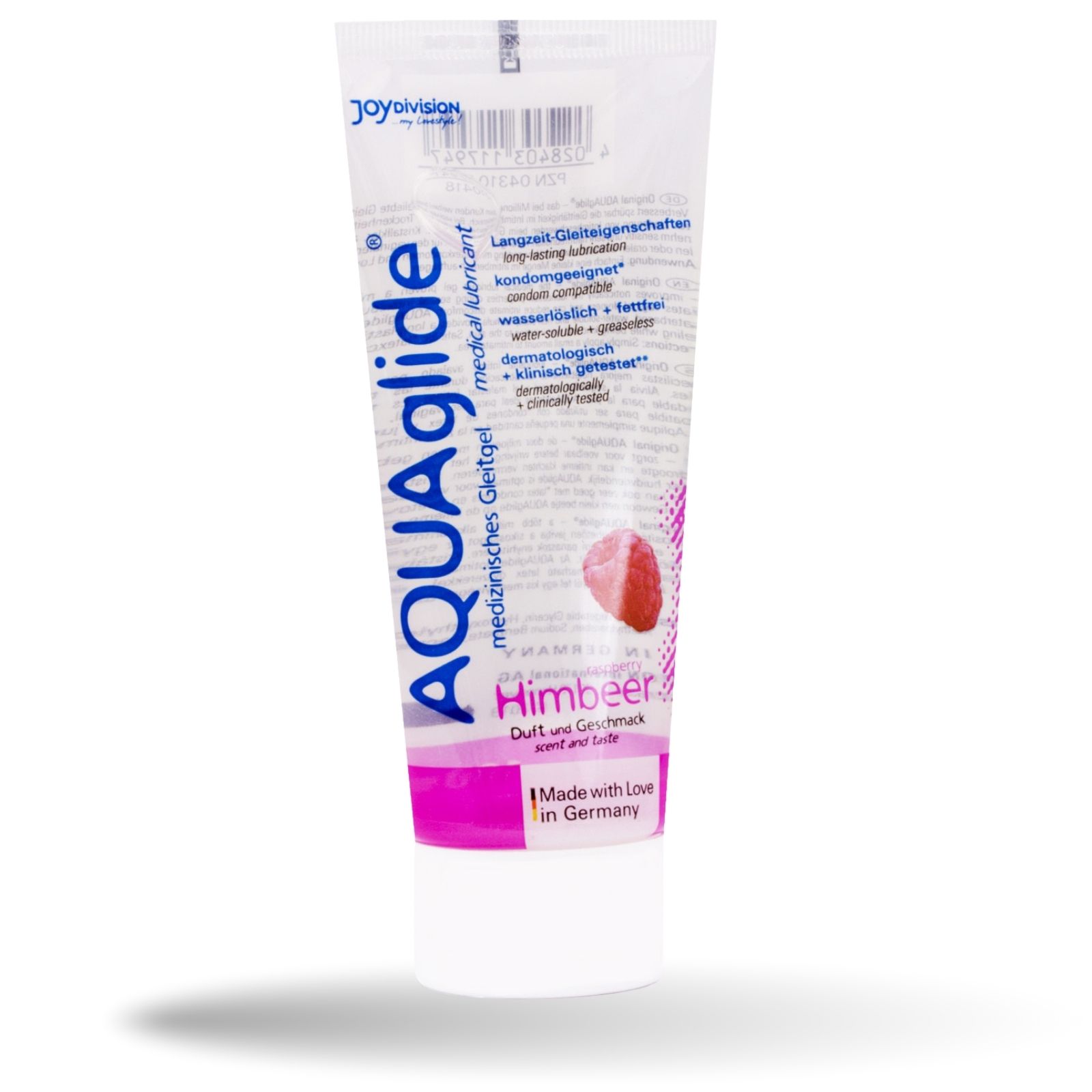 Tube de gel lubrifiant AQUAglide Himbeere. Tube blanc avec accents roses. Texte: gel médical, parfum framboise.