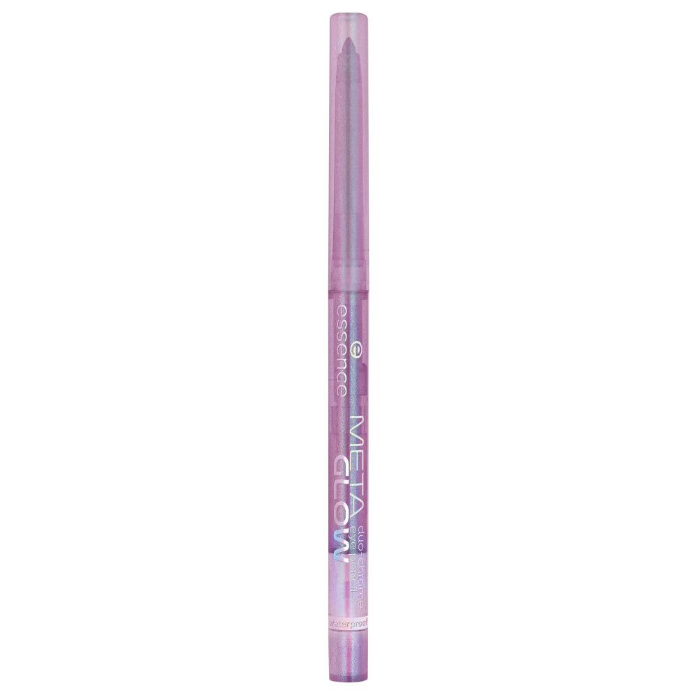 Kajalpotlood met Meta Glow-effect. Paars potlood met transparante dop. Opschrift: META GLOW, essence.