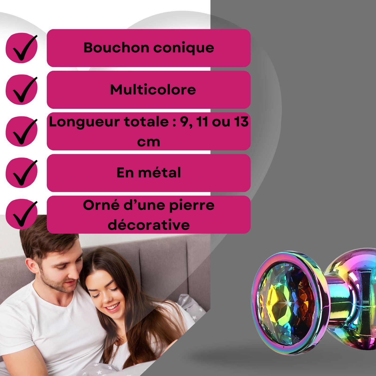 Bouchon conique multicolore avec pierre décorative.