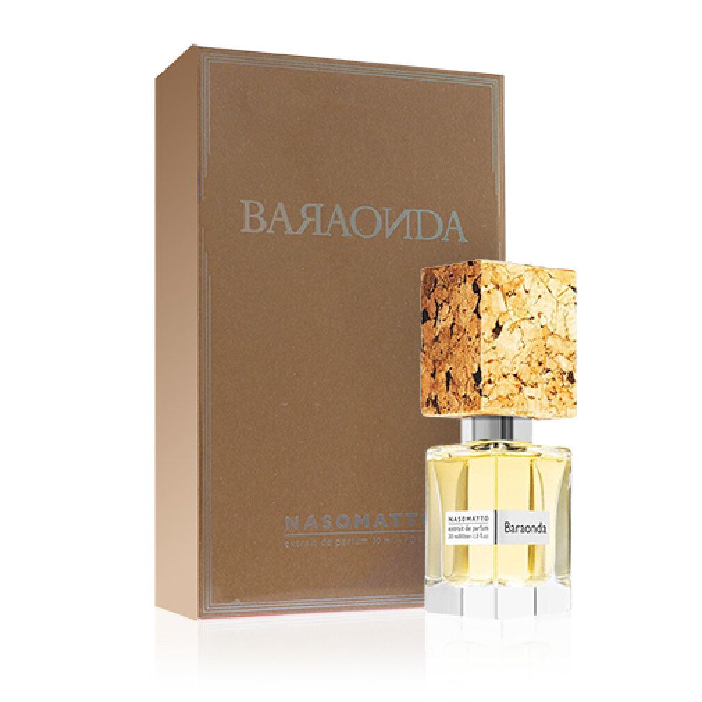 Flacon de parfum avec bouchon en liège et boîte. Inscription : Nasomatto Baraonda Extrait De Parfum. Flacon en verre carré avec étiquette blanche.