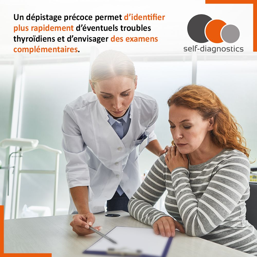 Médecin et patiente regardent un document. Texte : Un dépistage précoce permet d'identifier rapidement les troubles thyroïdiens.