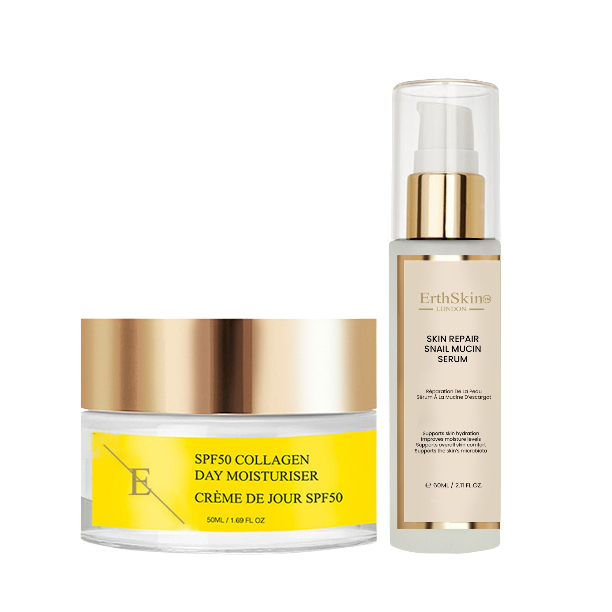 ErthSkin London Sérum réparateur à la bave d'escargot + Crème de jour au collagène SPF 50