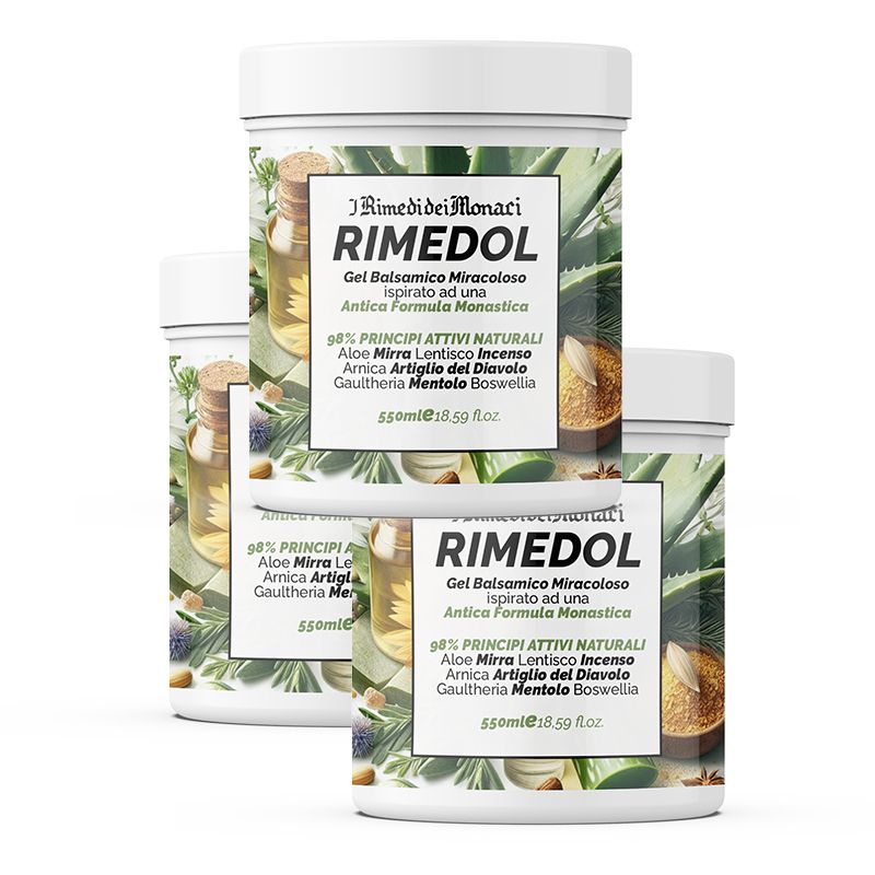 Drie witte potten met RIMEDOL. Opschrift: Gel Balsamico Miracoloso. 98% actieve ingrediënten. Aloë, Mirre, Wierook, Arnica, Duivelsklauw, Gaultheria, Menthol, Boswellia.