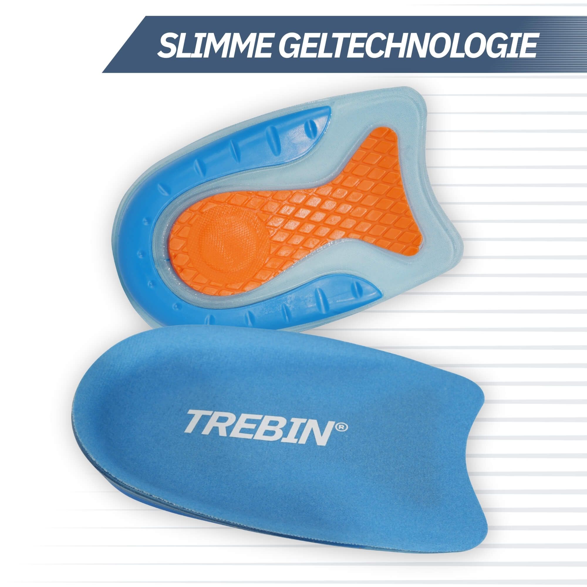 Blauwe en oranje inlegzolen met geltechnologie.
