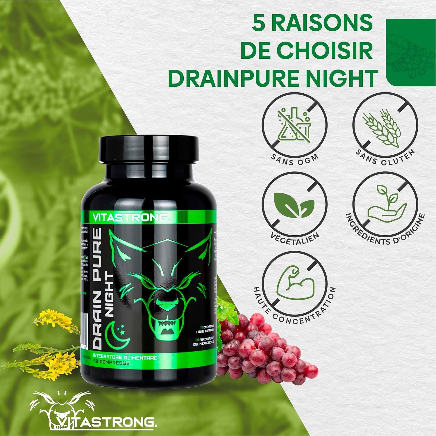 Vitastrong Drainpure Night. Fles met 60 tabletten. Tekst: Vermindert overtollig vocht. Bestrijdt cellulitis.