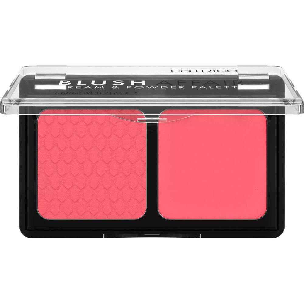 Palette de blush avec deux teintes roses. Une teinte est pressée, l'autre crémeuse. Emballage transparent et clair.
