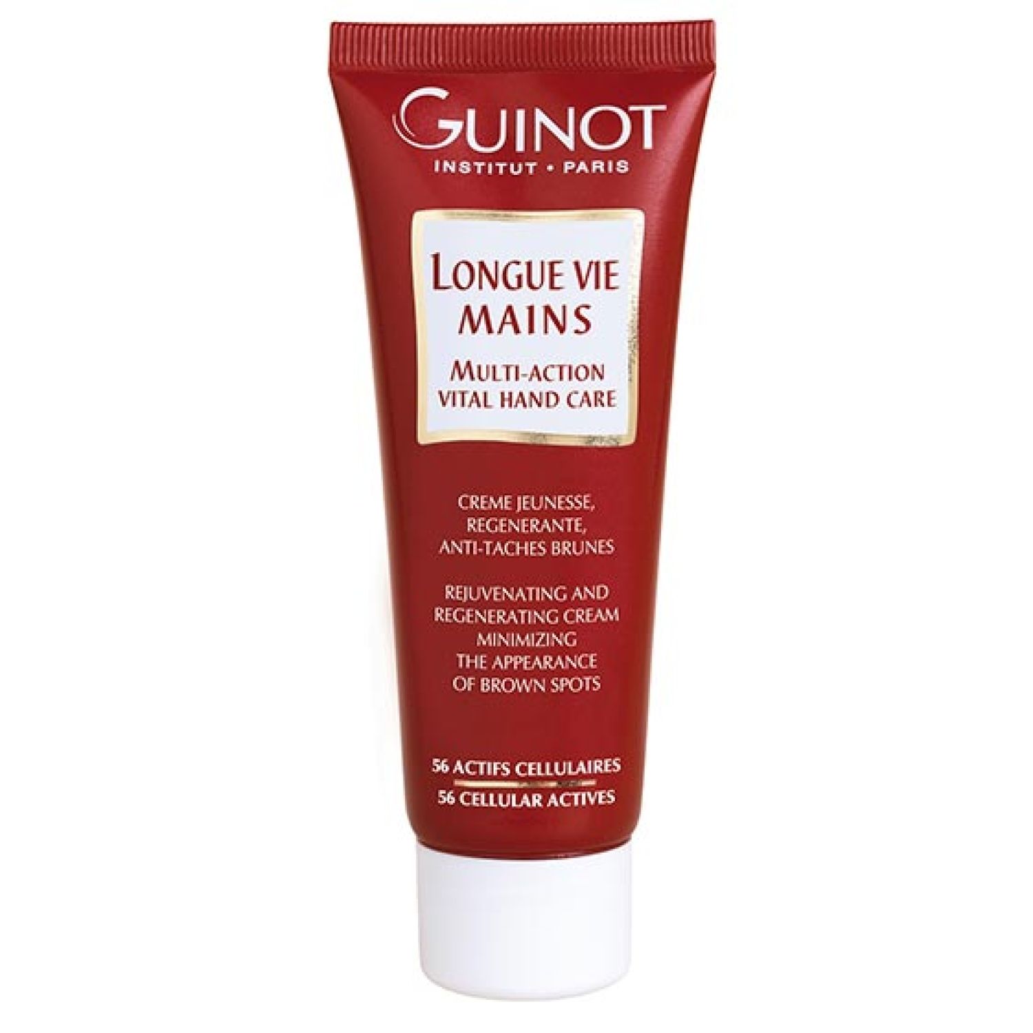 Rode tube met witte dop. Opschrift: Guinot, Longue Vie Mains, Multi-Action Vital Hand Care. Crème tegen bruine vlekken.