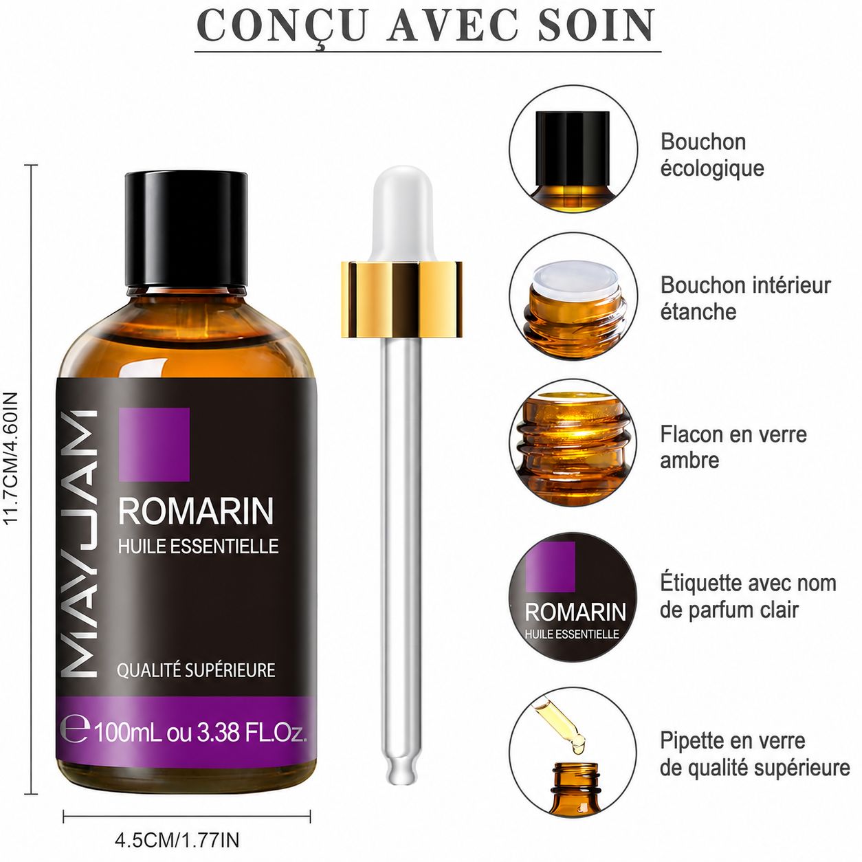 Flacon en verre ambré avec pipette, 100ml. Étiquette: ROMARIN HUILE ESSENTIELLE.