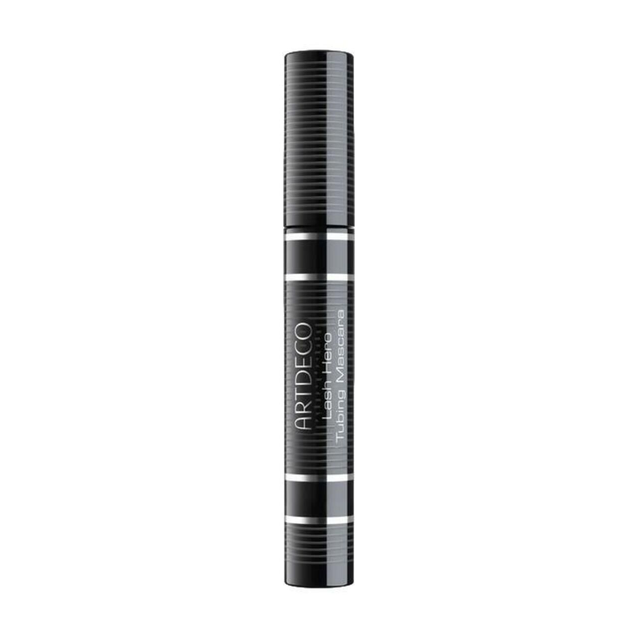 Zwarte mascarahuls met zilveren strepen. Tekst: Artdeco Lash Hero Tubing Mascara.