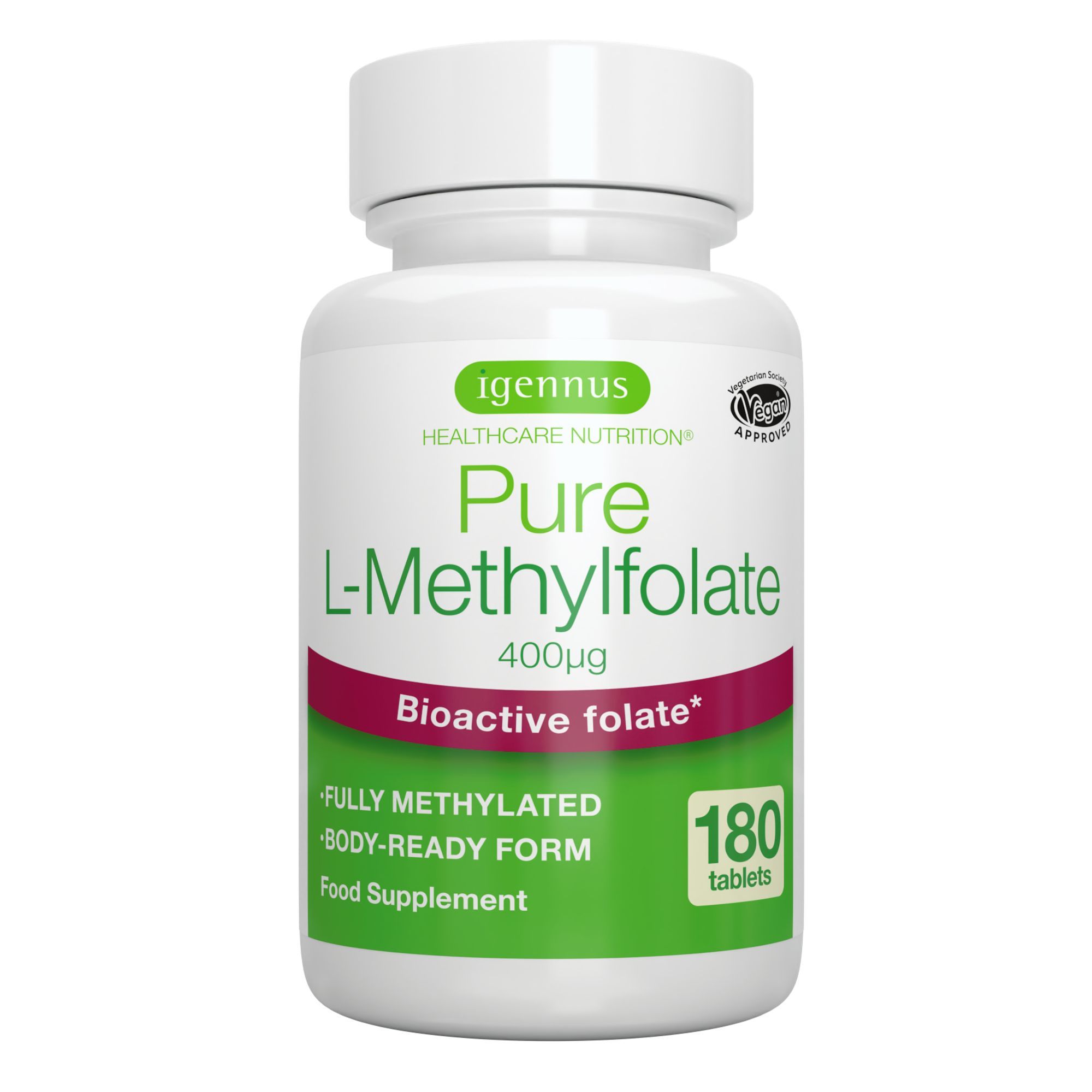 Bouteille d'Igennus Pure L-Methylfolate 400mcg, 180 comprimés, Folate bioactif.