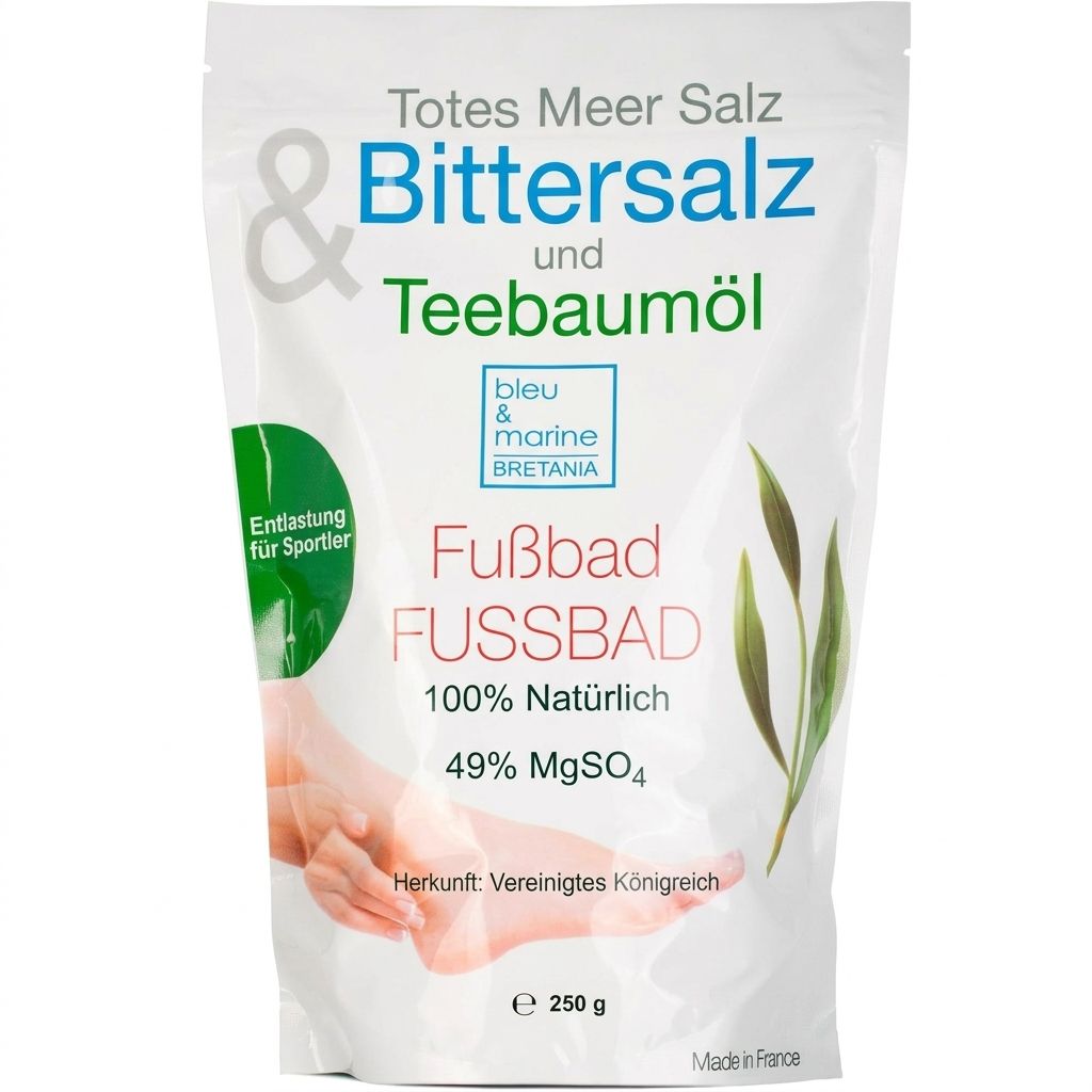 Emballage produit 'Totes Meer Salz & Bittersalz und Teebaumöl'. Texte: 'Fußbad', 250g, Origine: Royaume-Uni. Marque: bleu & marine Bretania.