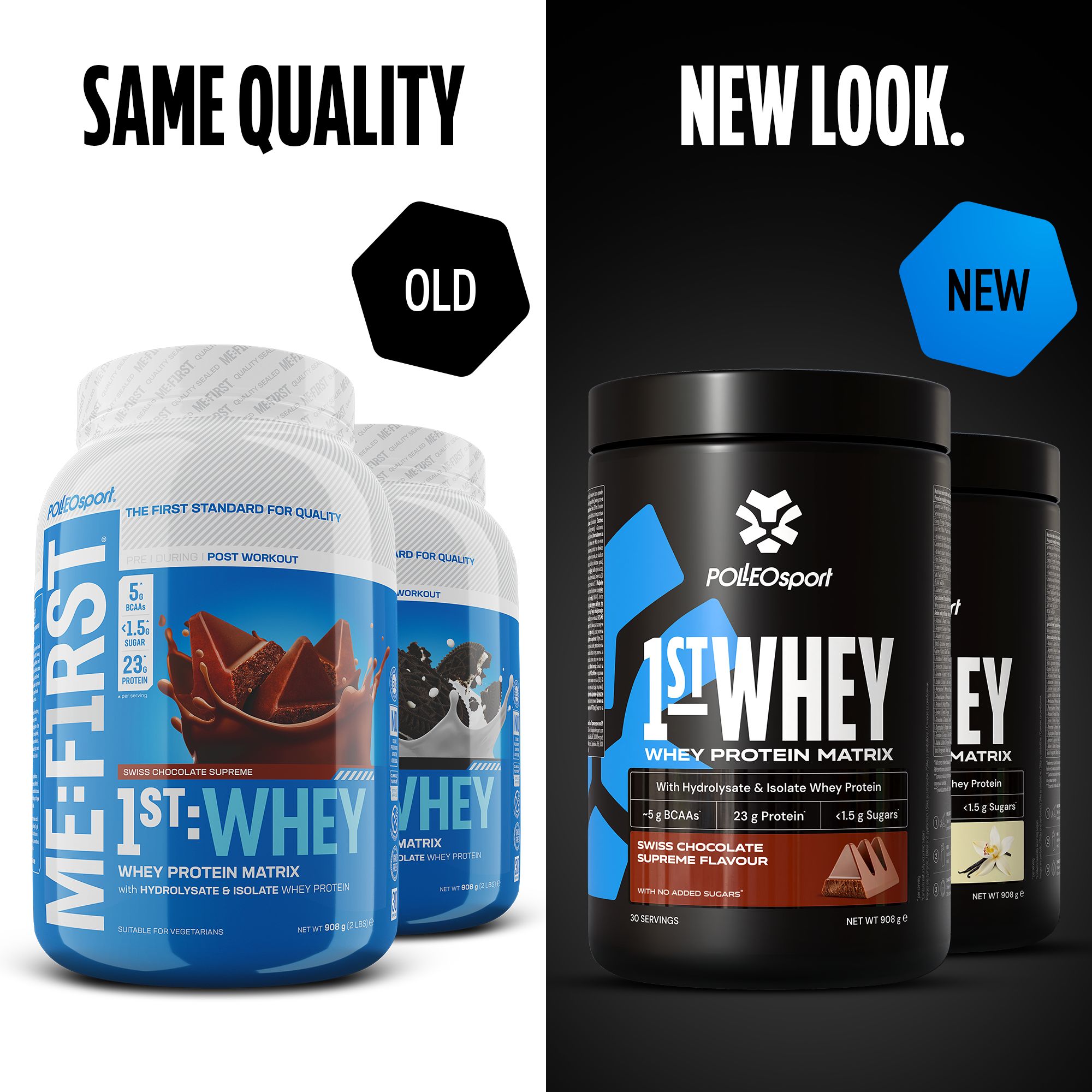 Comparaison: anciens et nouveaux emballages "1ST:WHEY". À gauche: pot bleu. À droite: pot noir. Contiennent de la protéine.