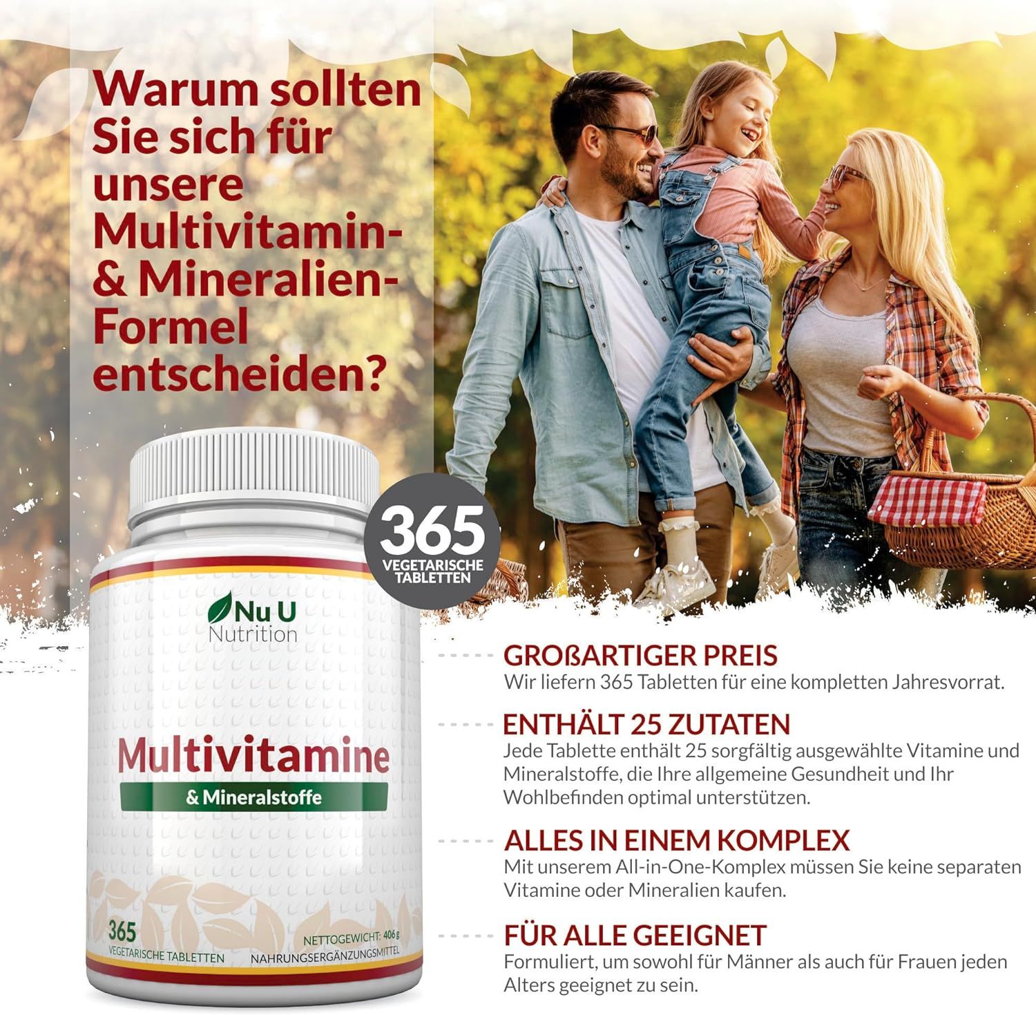 Fles met "Nu U Nutrition" logo, "Multivitamine & Mineralstoffe" en 365 tabletten. Familie op de achtergrond.