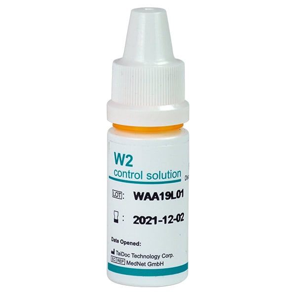Solution de contrôle W2 dans un flacon compte-gouttes blanc avec anneau orange. Étiquette indique LOT et date.