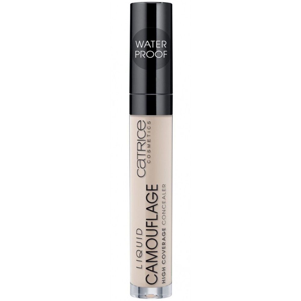 Vloeibare concealer met applicator. Opschrift: Catrice Cosmetics, Liquid Camouflage, High Coverage Concealer. Waterproof.