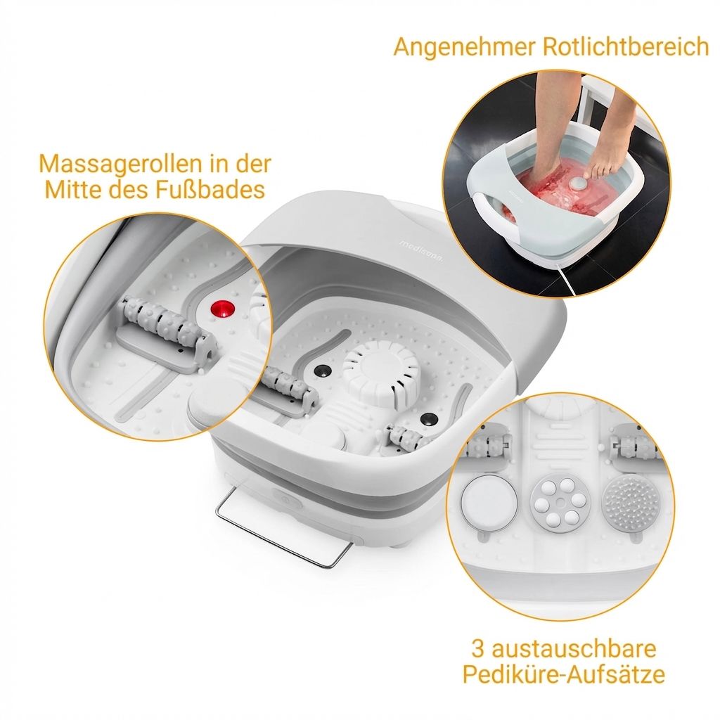 Vue détaillée d'un bain de pieds hydromassant pliable avec accessoires de pédicure.