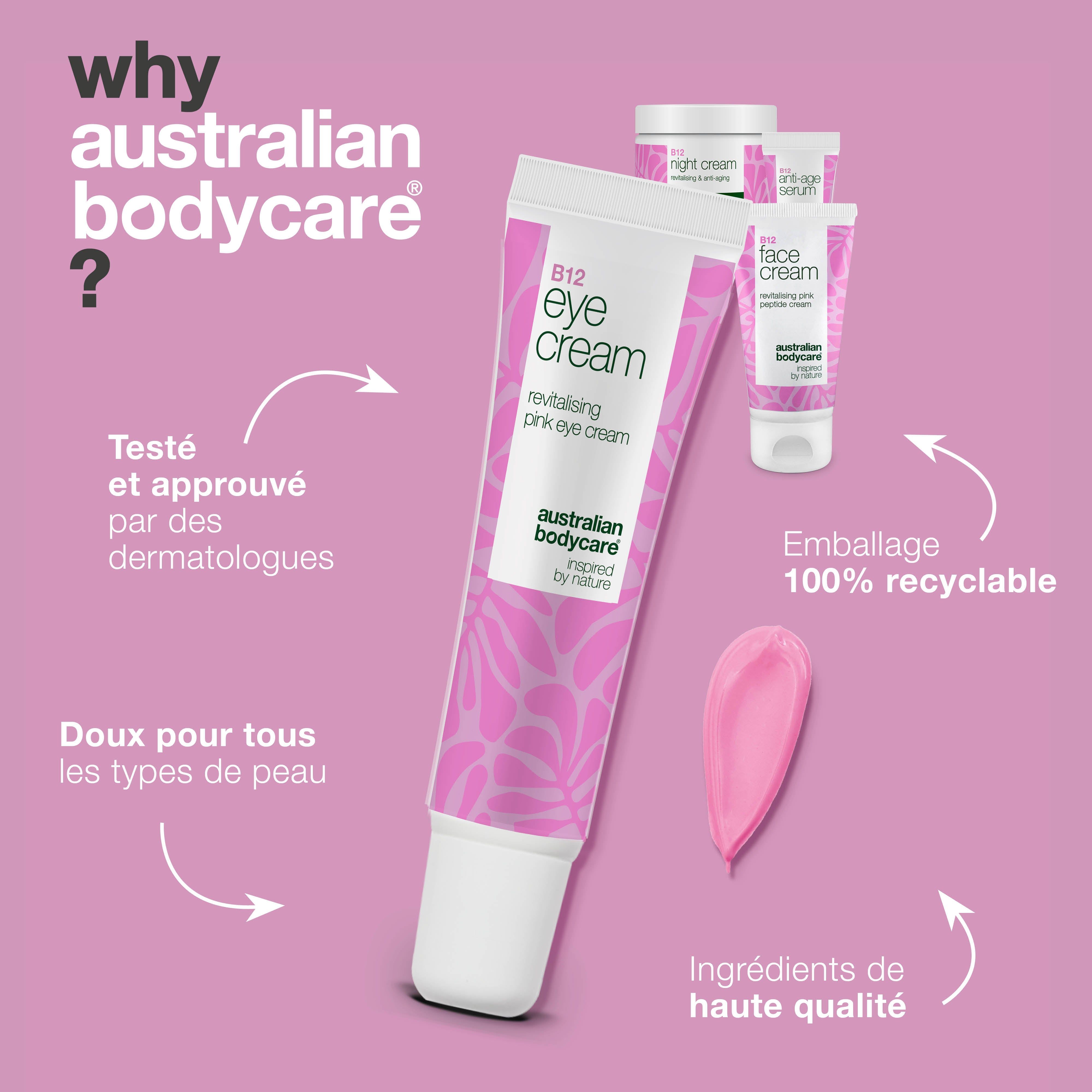 Tube de crème pour les yeux avec crème rose. Texte : Pourquoi Australian Bodycare ? Avantages : testé dermatologiquement, tous types de peau, emballage recyclable.