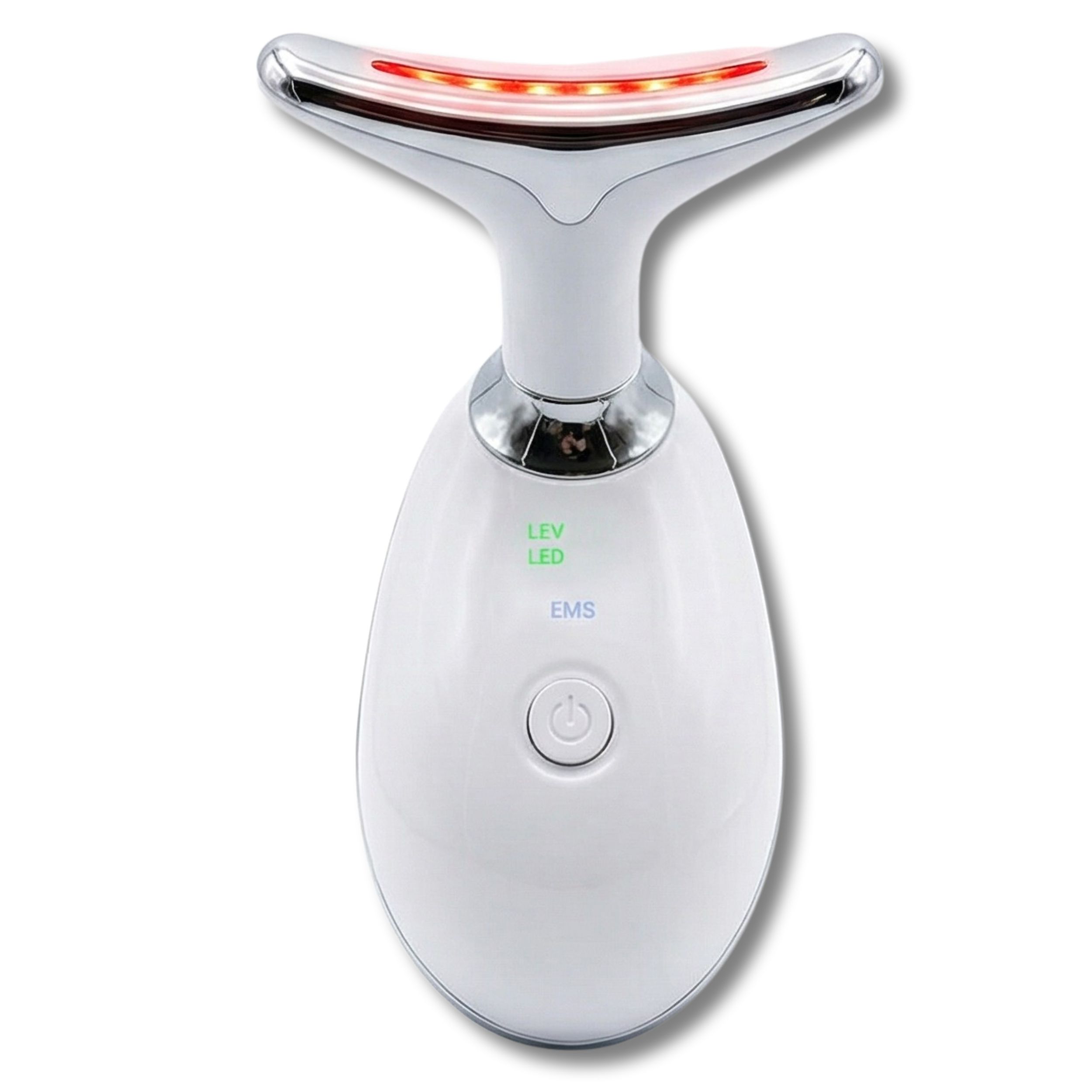 Wit, ergonomisch gezichtsverzorgingstoestel. Zilverkleurige kop. LED-display en knop.