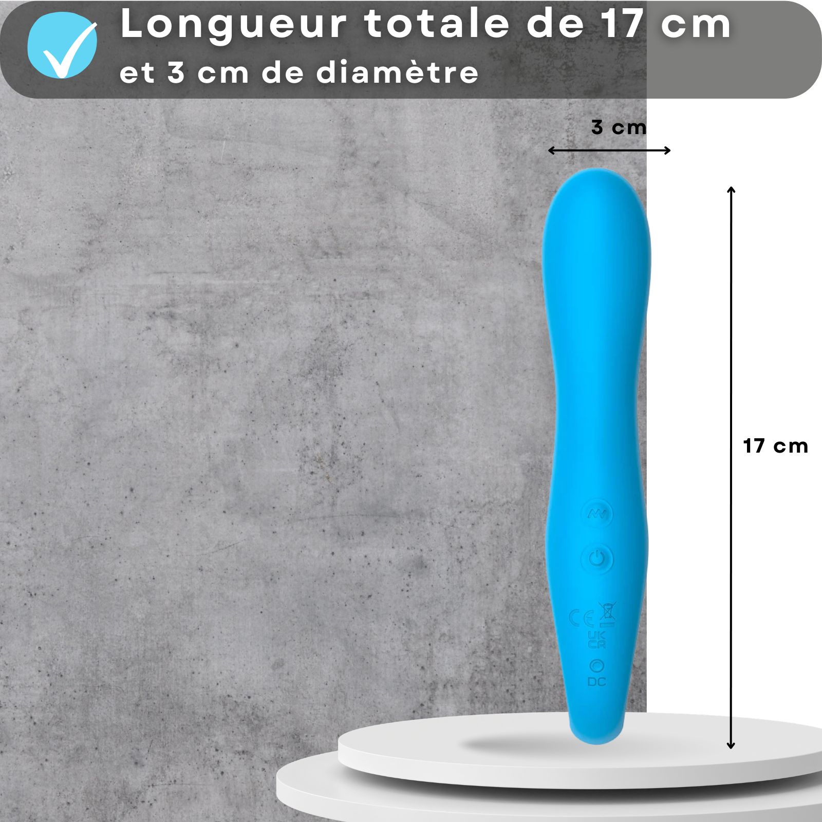 Vibrateur bleu, 17 cm de long, 3 cm de diamètre. Sur socle.