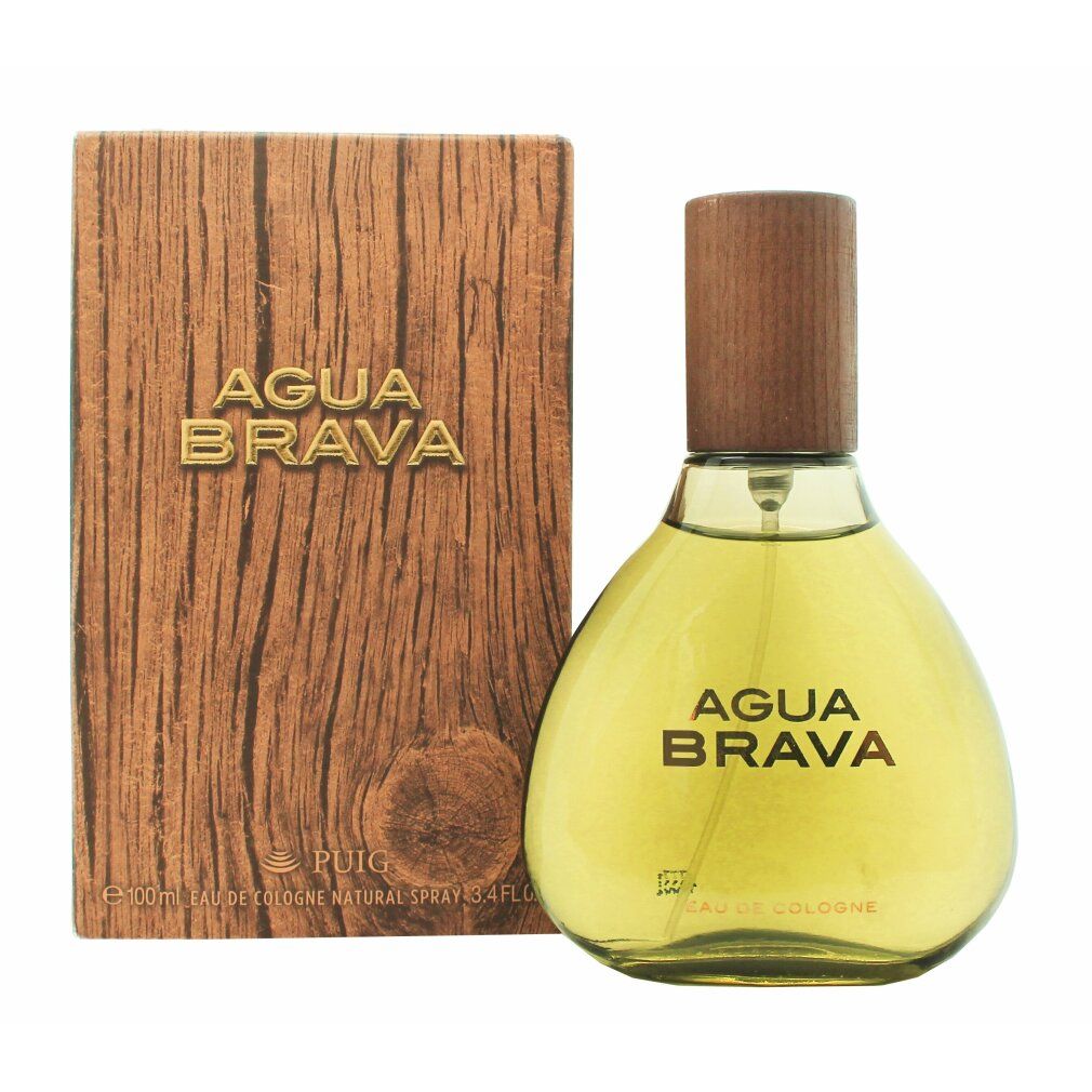 Agua Brava Eau de Cologne fles met houten dop naast een doos met houtnerf.