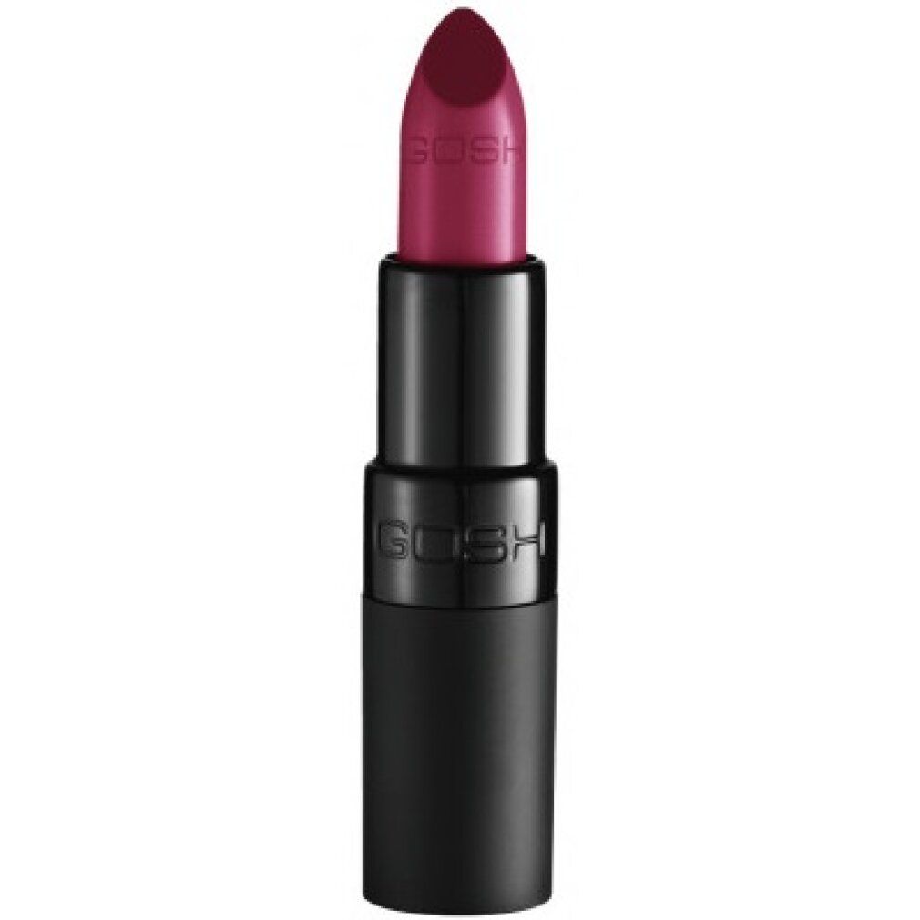 Donkerrode lipstick. Zwarte huls met GOSH-logo. Productweergave.