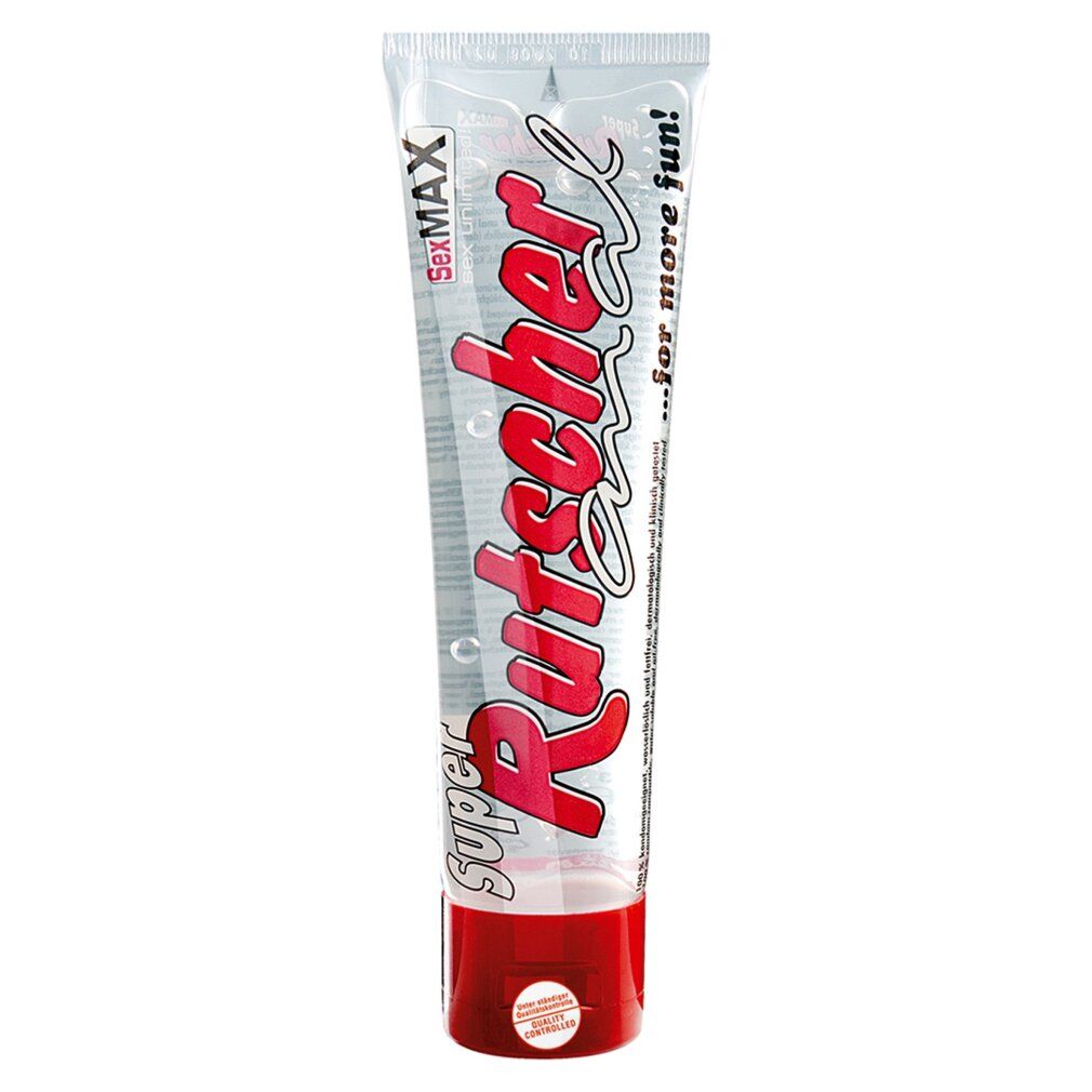 Transparante tube met rode dop. Opschrift: SexMAX, Super Rutscher, rode tekst. Tekst: ...for more fun!