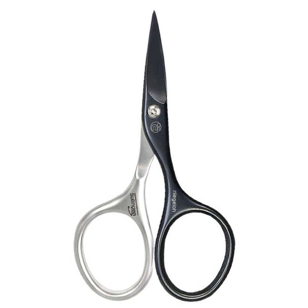 Ciseaux à ongles noirs et argentés. Marque Niegeloh Solingen. Lames pointues. Métal. Forme incurvée avec anneaux.