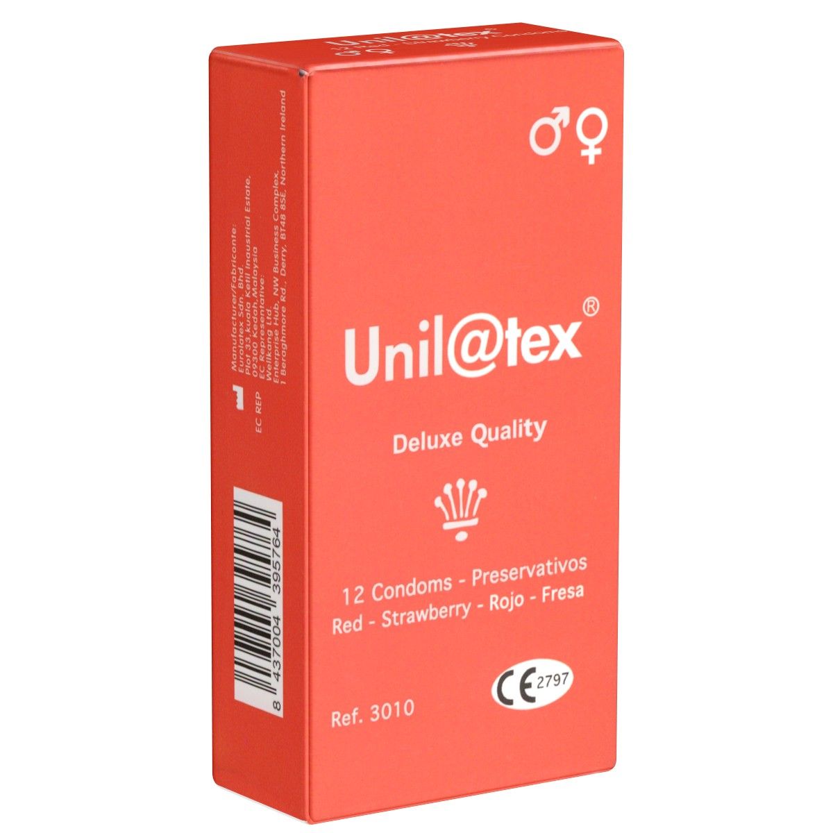 Boîte rouge de préservatifs "Unil@tex". Inscription "Deluxe Quality", 12 préservatifs, arôme fraise. Marquage CE.