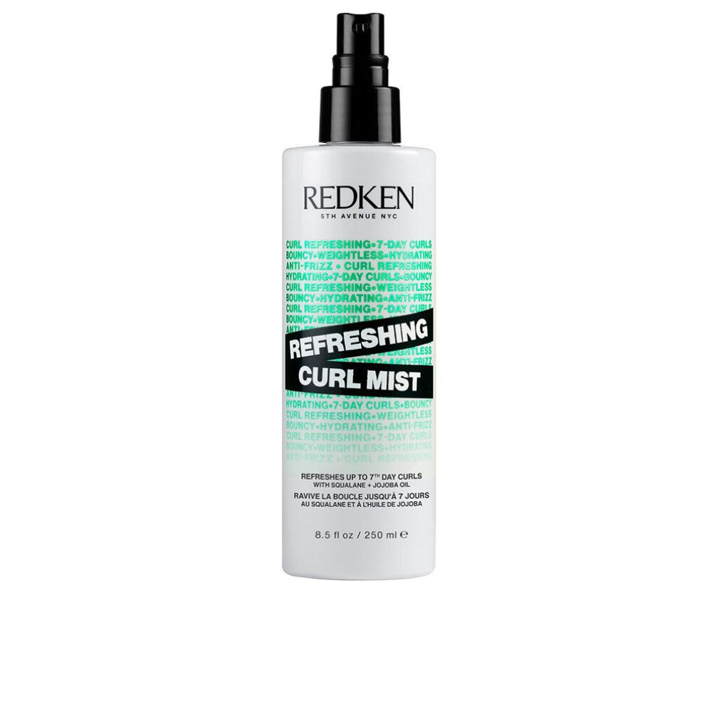 Redken Refreshing Curl Mist. Witte fles met zwarte spraykop. Productnaam en tekst in zwart en groen. Merk Redken.