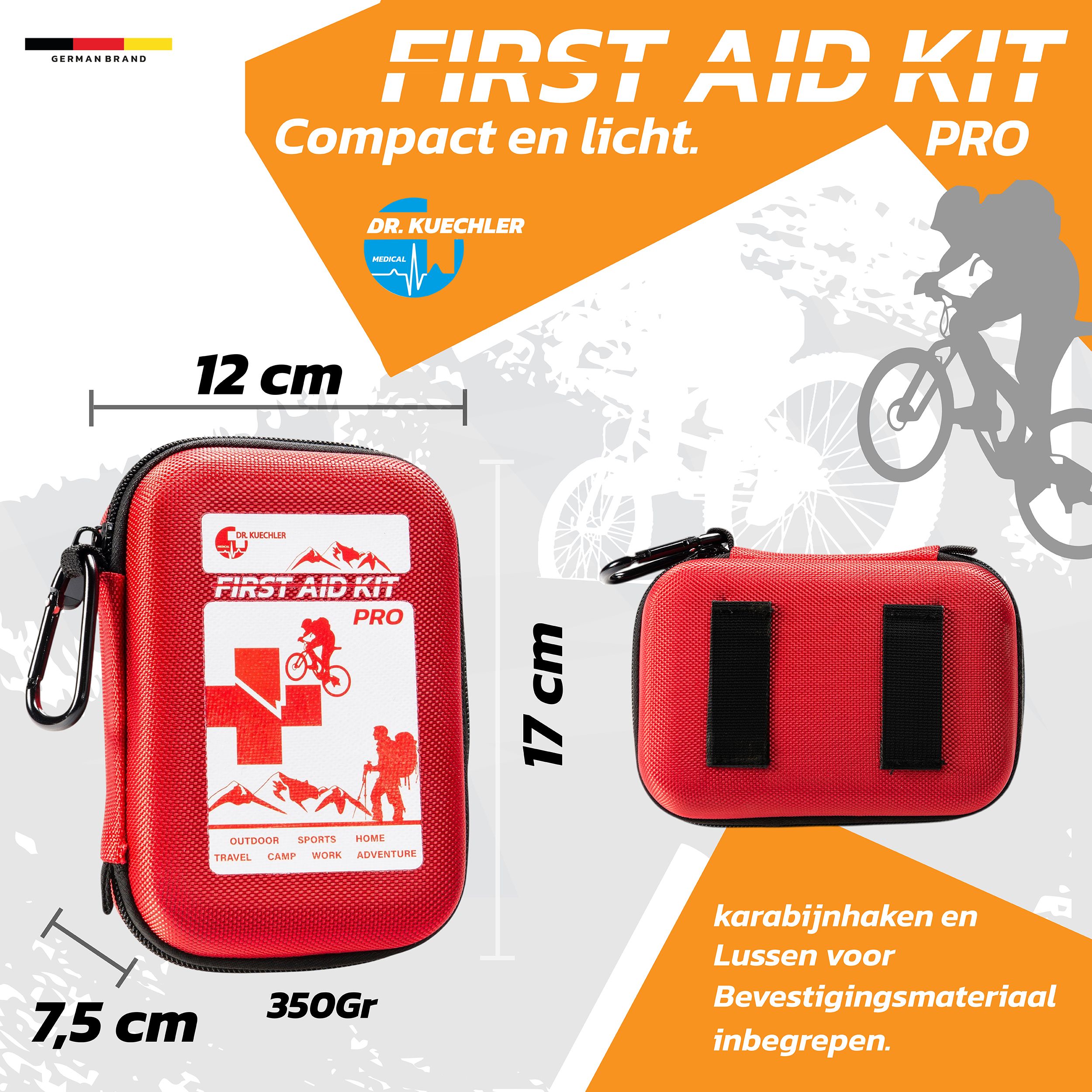 Rode EHBO-kit PRO met accessoires: kompas, fluitje, beademingsmasker, pincet, schaar, pleisters, etc. 35 stuks.