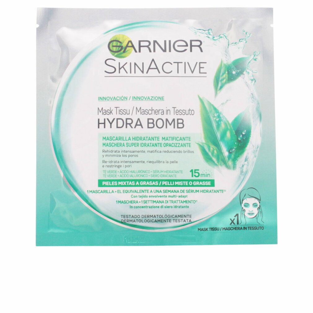 Garnier SkinActive Hydra Bomb gezichtsmasker. Ronde verpakking, groen en wit. Logo en productnaam zichtbaar. Instructies en ingrediënten.