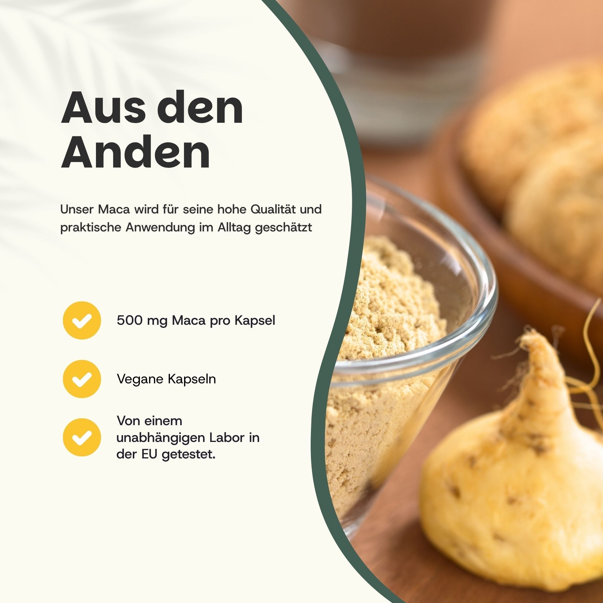 Gélules de maca noire : 500 mg par gélule, végétaliennes, des Andes, testées par un laboratoire indépendant.
