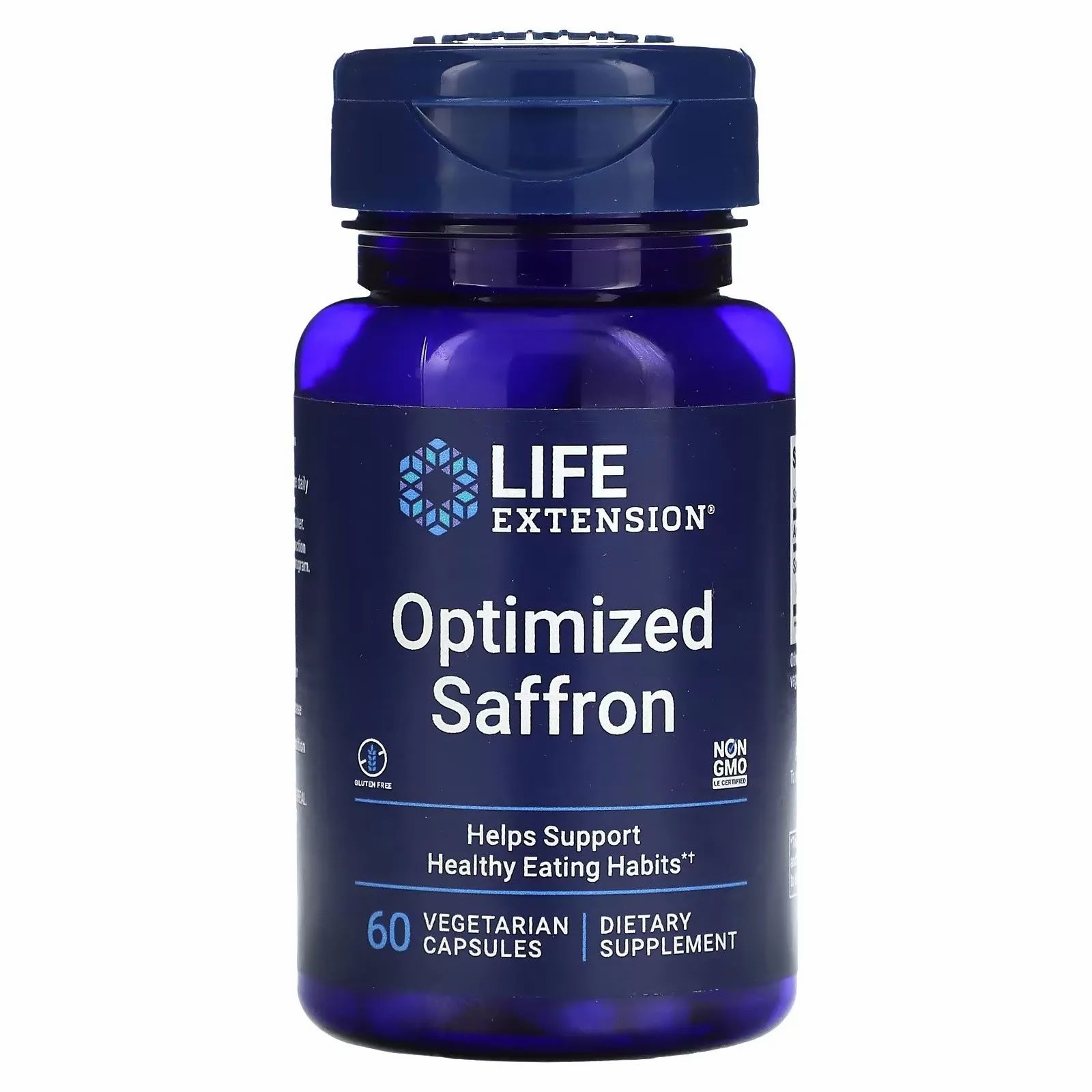 Flacon bleu de gélules. Inscription : Life Extension Optimized Saffron. Contient 60 gélules végétariennes. Sans OGM.
