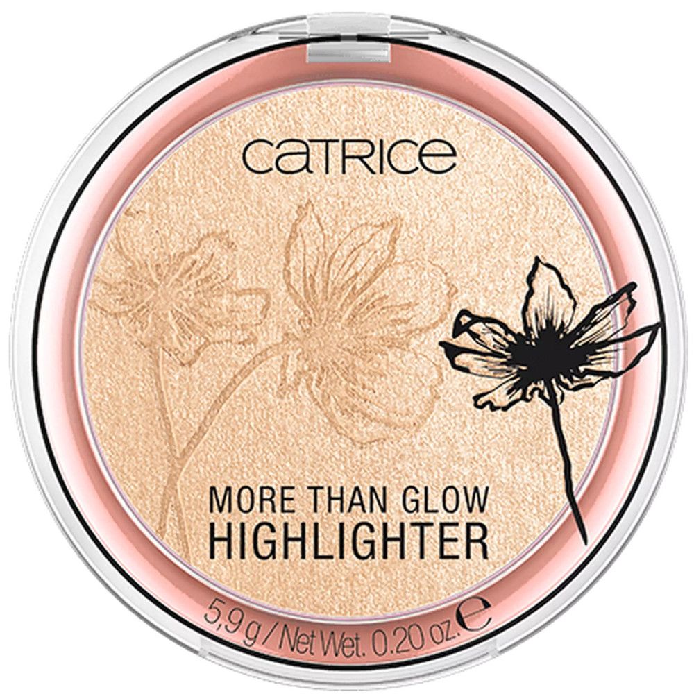 Highlighter compact rond avec motif floral. Bordure rose, couvercle transparent. Inscription : CATRICE, MORE THAN GLOW HIGHLIGHTER, 5,9 g/Net Wt. 0.20 oz.