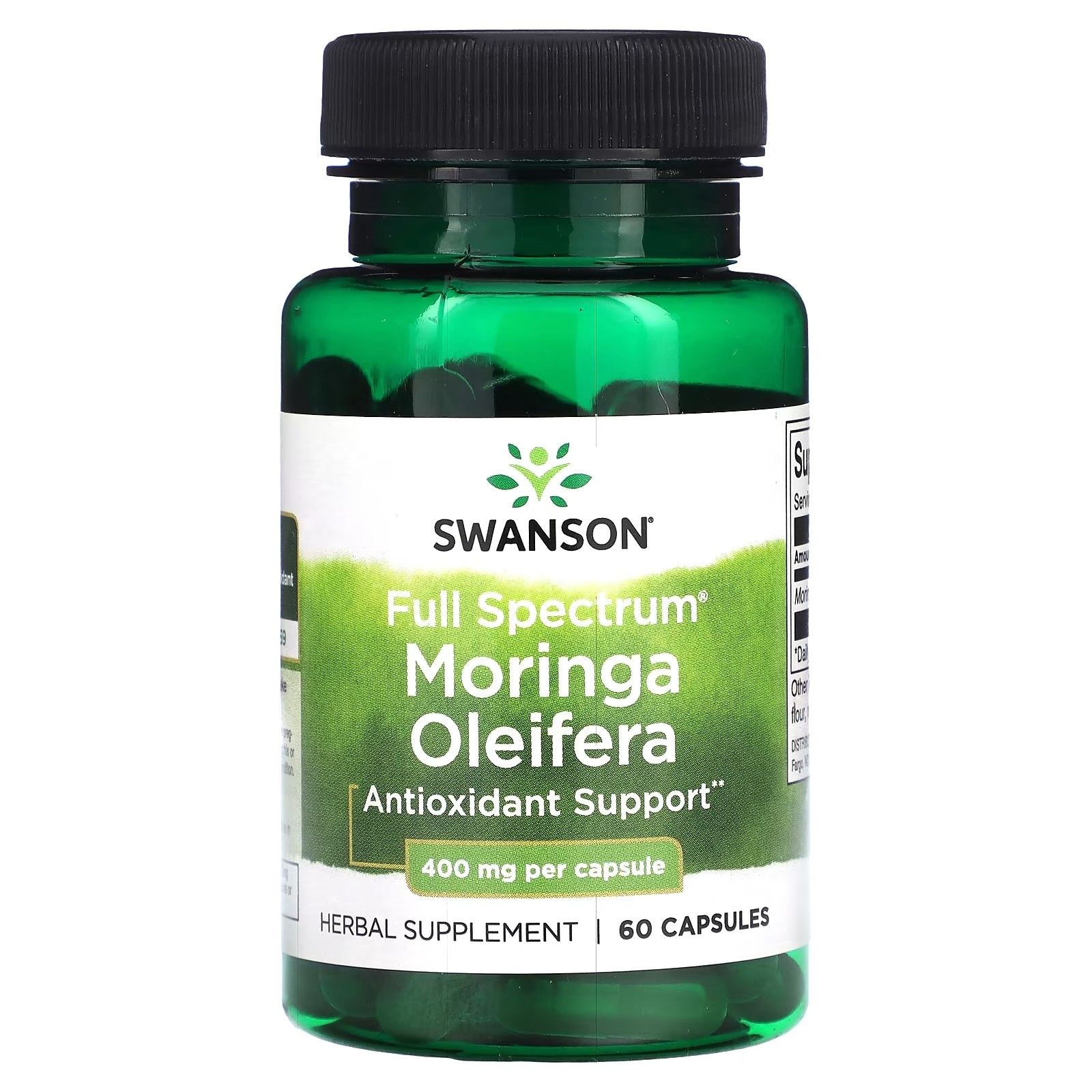 Flacon vert de Swanson Moringa Oleifera. Inscription : 400 mg par capsule, 60 capsules. Bouchon noir.